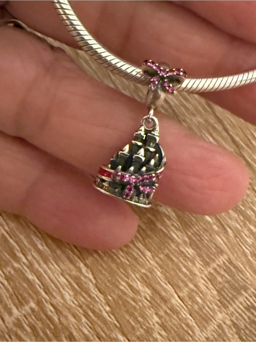 Pandora Silver Charm with Pink Crystal Bow and Accents